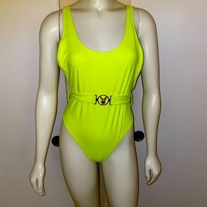 Missguided Playboy Neon Yellow One Piece Swimsuit w/ Belt